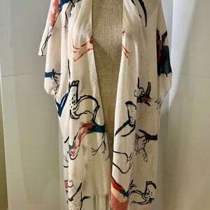 Woven Heart cream kimono open cardigan abstract horse western print sheer M- Lg